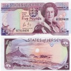 Jersey, 5 Pounds, 1989, UNC, p16
serial number: AC 918406, sign: Leslie May, Queen Elizabeth II portrait