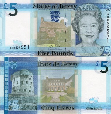 Jersey, 5 Pounds, 2010, UNC, p33
serial number: AD 056551, Queen Elizabeth II p...