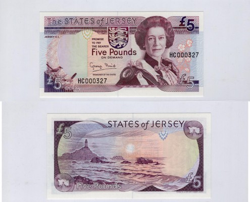 Jersey, 5 Pounds, 1993, UNC, p21
serial number: HC 000327, sign: Baird, Queen E...