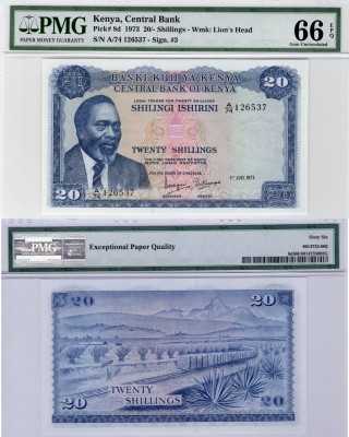 Kenya, 20 Shillings, 1973, UNC, p8d
PMG 66, EPQ, serial number: A/74 126537, si...