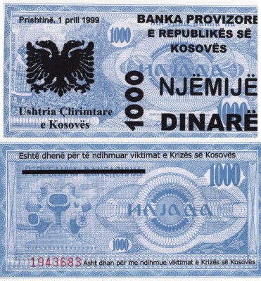 Kosovo, 1000 Dinare, 1999, UNC, PROVISIONAL ISSUE
serial number: 1943683
