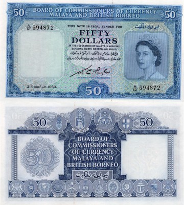 Malaya and British Borneo, 50 Dollars, 1953, AUNC, p4b
serial number: A/12 5948...