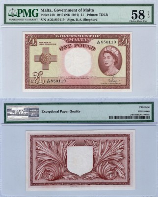 Malta, 1 Dollar, 1954, AUNC, p24b 
PMG 58, EPQ, Serial Number: A/23 850119, Que...