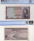 Malta, 5 Pounds, 1968, AUNC, p30a
PCGS 58, serial number: A/7 635067, Queen Elizabeth II portrait