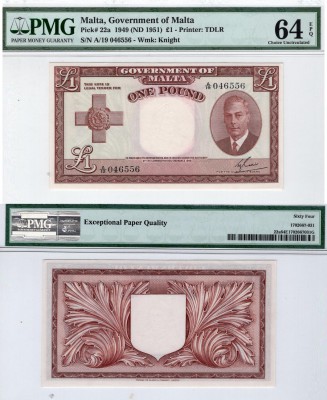 Malta, 1 Pound, 1951, UNC, p22a
PMG 64, EPQ, serial number: A/19 046556, King G...