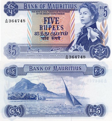 Mauritius, 5 Rupees, 1967, UNC, p30c
serial number: A/46 364748, signs: Goopers...