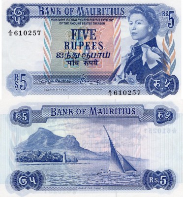 Mauritius, 5 Rupees, 1967, UNC, p30b
serial number: A/15 610257, signs: Aunauth...