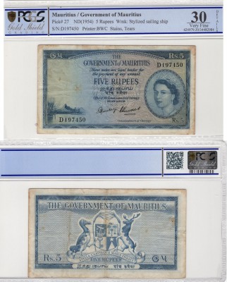 Maurtius, 5 Rupees, 1954, VF, p27
PCGS 30, serial number: D 197450, Queen Eliza...