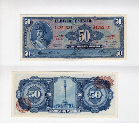 Mexico, 50 Pesos, 1965, AUNC, p49p
serial number: BBP A4252531, I. De Allende p...