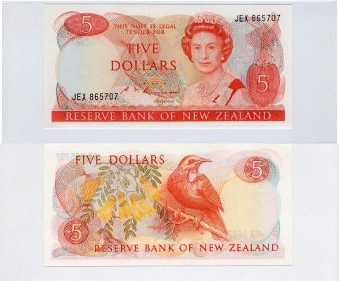 New Zealand, 5 Dollars, 1985, UNC (-), p171b
serial number: JEX 865707, sign: R...