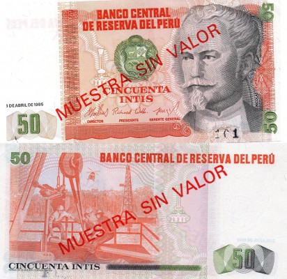 Peru, 50 İntis, 1985, UNC, p130, SPECİMEN
serial number: 101, Peruvian politici...