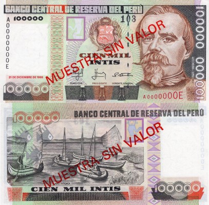Peru, 100.000 İntis, 1988, UNC, p144, SPECİMEN
serial number: A 0000000E, Peruv...