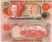 Philippines, 20 Piso, 1973, UNC, p162c
serial number: VY 813526, Filipino statesman, soldier, and politician Manuel L. Quezon portrait