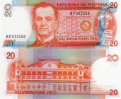 Philippines, 20 Piso, 1986-1994, UNC, p170b
serial number: KF 033258, Filipino statesman, soldier, and politician Manuel L. Quezon portrait