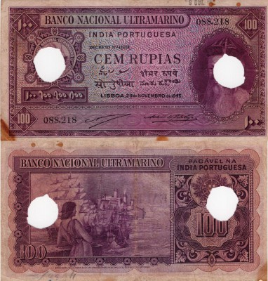 Portuguese India, 100 Rupias, 1945, FINE, p39, CANCELLED
serial number: 088.218...