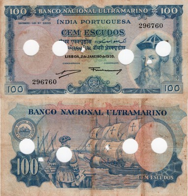 Portuguese India, 100 Rupias, 1959, FINE, p43, CANCELLED
serial number: 296760,...