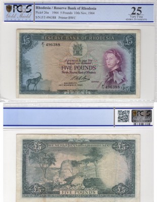 Rhodesia, 5 Pounds, 1964, VF, p26a
PCGS 25, serial number: F/1 496388, Queen El...