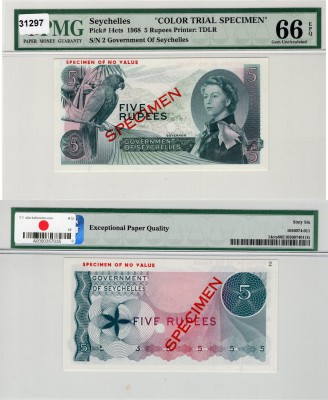Seychelles, 5 Rupees, 1968, UNC, p14cts, COLOR TRİAL SPECİMEN
PMG 66, EPQ, Quee...