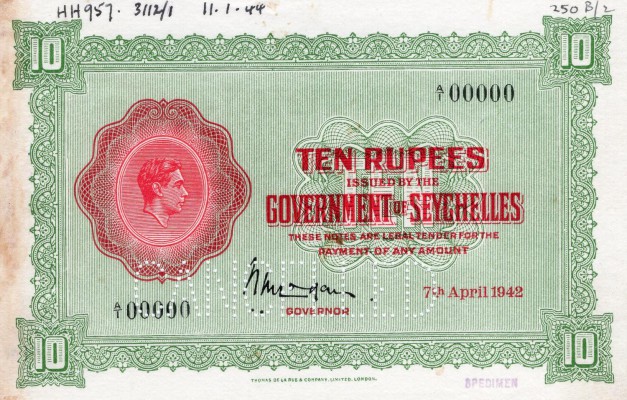 Seychelles, 10 Rupees, 1942, XF / AUNC, p9, SPECİMEN
serial number: A/1 00000, ...