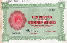 Seychelles, 10 Rupees, 1942, XF / AUNC, p9, SPECİMEN
serial number: A/1 00000, King George VI II portrait, J393, RARE+J420