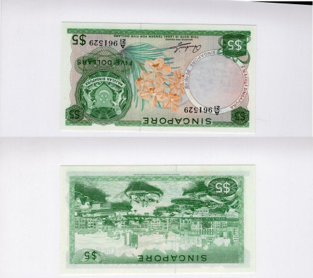 Singapore, 5 Dollars, 1972, UNC, p2c
serial number: A/21 961529, without red se...