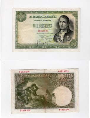 Spain, 1000 Pesetas, 1949, XF, p138
serial number: 04818226, Spanish solider an...