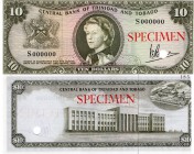 Trinidad and Tobago, 10 Dollars, 1964, UNC, Color Trial SPECİMEN
p28ct, Serial number: S 000000, Queen Elizabeth II portrait