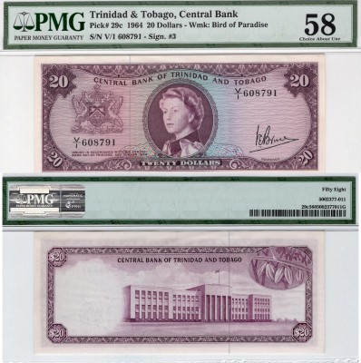 Trinidad and Tobago, 20 Dollars, 1964, AUNC, p29c
PMG 58, serial number: V/1 60...