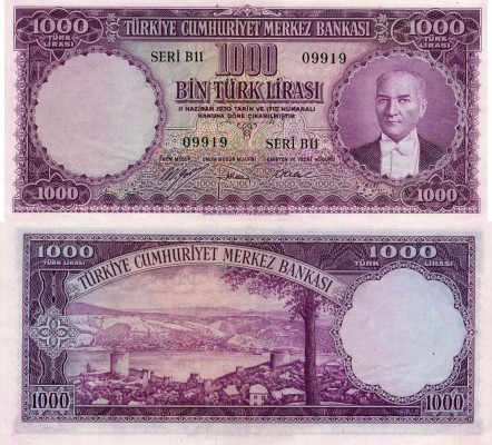 Turkey, 1.000 Lira, 1953, XF (+) , p172a, VERY RARE
serial number: B11 09919, n...