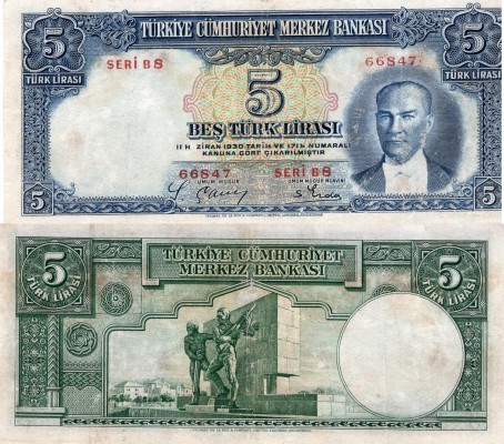 Turkey, 5 Lira, 1937, FINE , P127, RARE
serial number: B8 66847, washed and pre...