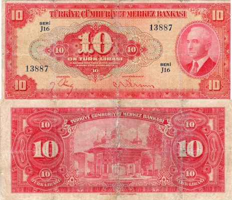 Turkey, 10 Lira, 1947, FINE (-) , p147, RARE
serial number: J16 13887, repaired...