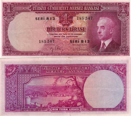 Turkey, 1 Lira, 1942, XF, p135, RARE
serial number: B13 181547, Turkish second ...