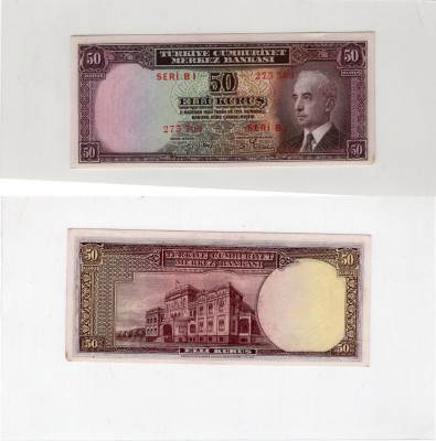 Turkey, 50 Kurush, 1942-1944, AUNC, p133
serial number: B1 273304, pressed, Tur...