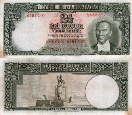 Turkey, 2 1/2 Lira, 1939, VF , p126, RARETurkey, 2 1/2 Lira, 1939, VF , p126, RA...