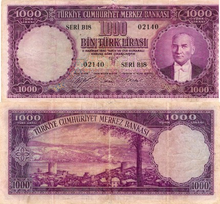 Turkey, 1.000 Lira, 1953, FINE (-) , p172a, RARE
serial number: B18 02140, poor...