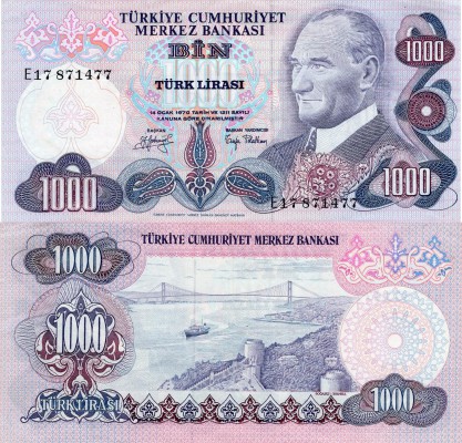 Turkey, 1000 Lira, 1979, XF (+) , p191
serial number: E17 871477, Turkish army ...