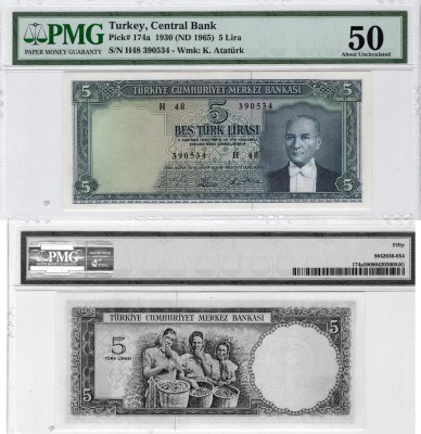 Turkey, 50 Lira, 1965, AUNC, p174a
PMG 50, serial number: H48 390534, Turkish a...