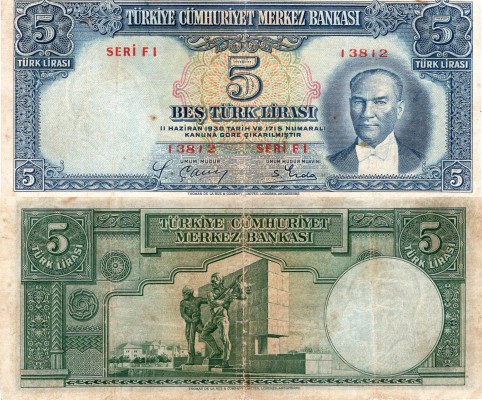 Turkey, 5 Lira, 1937, FINE , p127, RARE
serial number: F1 13812, pressed and wa...