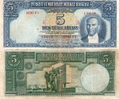 Turkey, 5 Lira, 1937, FINE , p127, RARE
serial number: F1 13812, pressed and washed Turkish army officer, revolutionary, and founder of the Republic ...