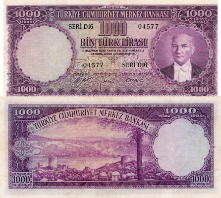 Turkey, 1.000 Lira, 1953, VF , p172a, RARE
serial number: D16 04577, pressed, T...
