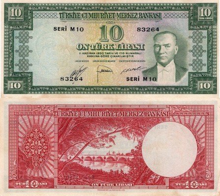 Turkey, 10 Lira, 1953, XF, p160
serial number: M10 83264, Turkish army officer,...