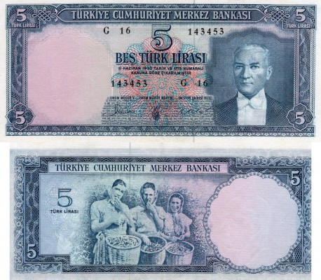Turkey, 5 Lira, 1961, AUNC, p173
serial number: G16 143453, Turkish army office...