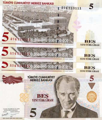 Turkey, 5 New Lira, 2005, UNC, p217 (THREE BANKNOTE WİTH BEAUTIFUL NUMBERS)
ser...