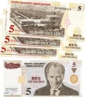 Turkey, 5 New Lira, 2005, UNC, p217 (THREE BANKNOTE WİTH BEAUTIFUL NUMBERS)
serial numbers: A74 566111- 576111- 586111, Turkish army officer, revolut...
