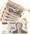 Turkey, 5 New Lira, 2005, UNC, p217 (FOUR BANKNOTE WİTH BEAUTIFUL NUMBERS)
serial numbers: A74 542111 - 552111- 562111 -572111, Turkish army officer,...