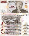 Turkey, 5 New Lira, 2005, UNC, p217 (FOUR BANKNOTE WİTH BEAUTIFUL NUMBERS)
serial numbers: A75 162000-172000- 182000- 192000, Turkish army officer, r...