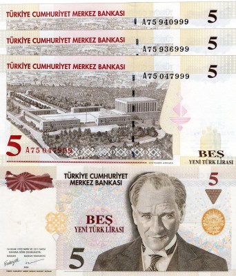 Turkey, 5 New Lira, 2005, UNC, p217 (THREE BANKNOTE WİTH BEAUTIFUL NUMBERS)
ser...