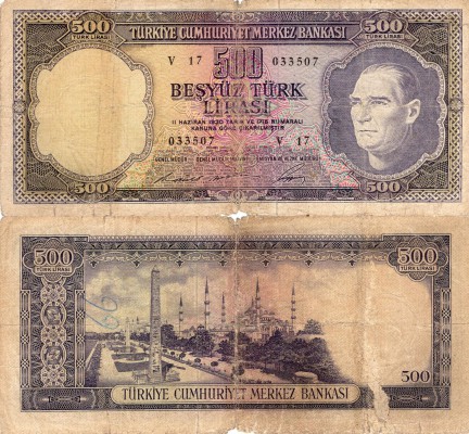Turkey, 500 Lira, 1968, POOR, p183
serial number: V16 033507, Turkish army offi...