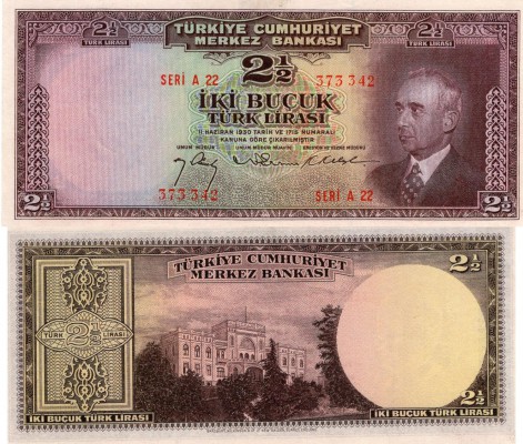Turkey, 2 1/2 Lira, 1947, AUNC, p140Turkey, 2 1/2 Lira, 1947, AUNC, p140Turkey, ...