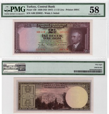 Turkey, 2 1/2 Lira, 1947, AUNC, p140Turkey, 2 1/2 Lira, 1947, AUNC, p140Turkey, ...